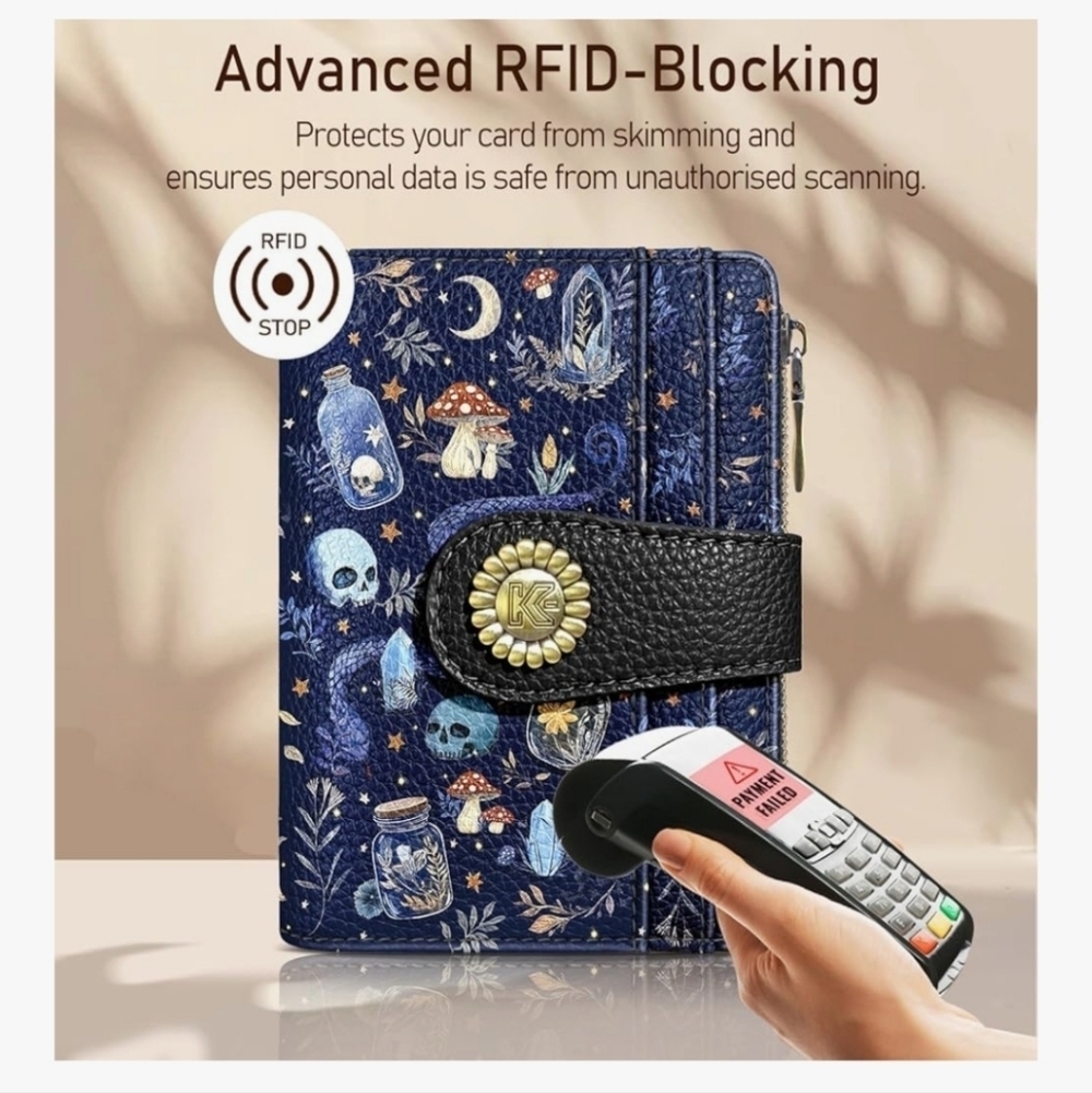 Blue and Black RFID-Blocking Wallet Skull Witch Potion